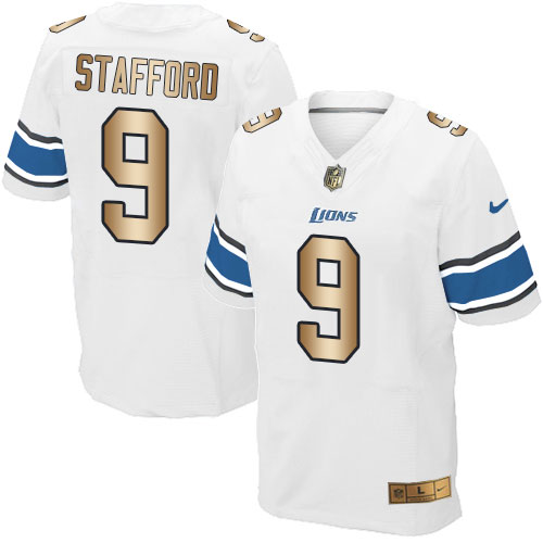 Nike Lions #9 Matthew Stafford White  Men's Stitched NFL Elite Gold Jersey